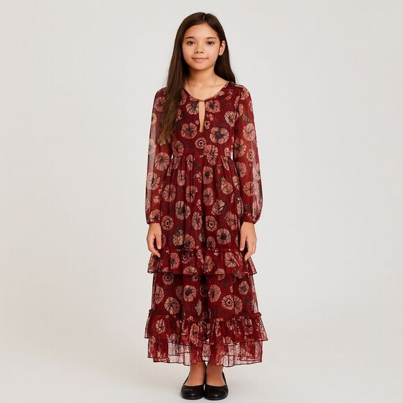 Rare Editions Big Girls Printed Lurex Chiffon Smocked Maxi Dress - Burgundy - Picture 8 of 16